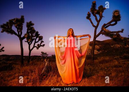 Traum - wie Szene. Elegante Frau, ein ausgefallenes Kleid tragen und stehen wie ein Märchen unter den Joshua Bäume bei Sonnenuntergang, Joshua Tree National Park, Californ Stockfoto