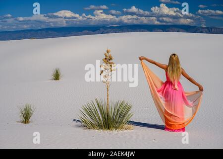 Traum - wie Szene. Elegante Frau, trug einen Fancy Dress und stehen wie ein Märchen unter den Yuccas bei Sonnenuntergang in der Wüste von White Sands National Monu Stockfoto