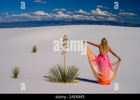 Traum - wie Szene. Elegante Frau, trug einen Fancy Dress und stehen wie ein Märchen unter den Yuccas bei Sonnenuntergang in der Wüste von White Sands National Monu Stockfoto