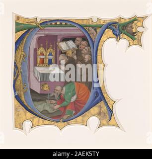 Dieses beleuchtete Initial T, aus den 1430er Jahren des Meisters der Zypressen, zeigt Benediktinermönche, die vor einem Altar singen, aus dem Wasser herausgeht. Die Miniatur zeigt gotische Manuskriptbeleuchtung, religiöses Ritual und dekorative Ornamente. Stockfoto