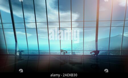 Panoramafenster und Küstenlandschaft mit einem Berg. Stockfoto
