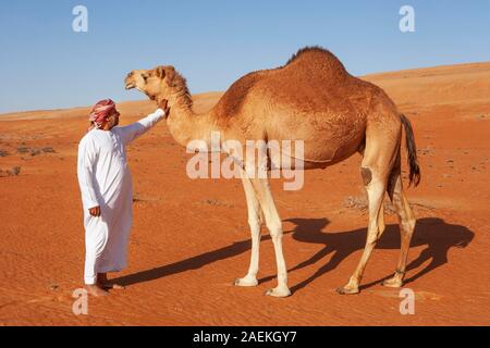 Beduinen in traditioneller Kleidung mit Kamel in die sandige Wüste, Wüste Rimal Wahiba Sands, Oman Stockfoto