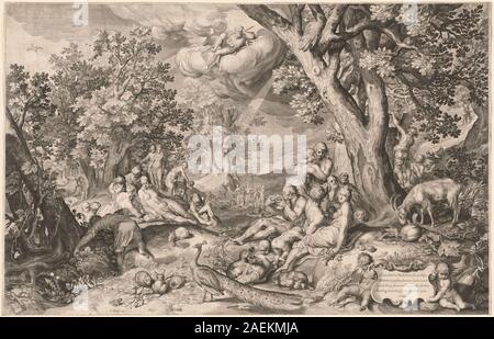 Dieser Druck nach Abraham Bloemaert und Nicolaes de Bruyn aus dem Jahr 1644 zeigt das Goldene Zeitalter mit allegorischen Figuren, pastoralen Landschaften, klassischen Motiven und Symbolismus, der für die niederländische Kunst des 17. Jahrhunderts charakteristisch ist. Stockfoto