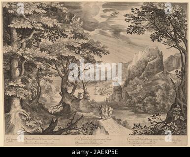 Kupferstich von Nicolaes de Bruyn nach Gillis van Coninxloo III., der die Schüler auf der Straße nach Emmaus darstellt und Figuren, Landschaft, Pfad und kompositorische Details zwischen 1565 und 1656 zeigt. Stockfoto