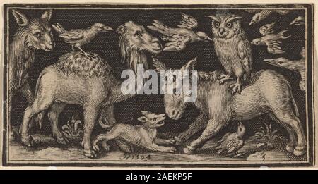Dieser 1594 erschienene Kupferstich von Nicolaes de Bruyn zeigt eine Eule auf einem Esel und einen Vogel auf einem Kamel mit anderen Tieren. Es betont Tierfiguren, Druckerei, Komposition und niederländische Gravurtechniken des späten 16. Jahrhunderts. Stockfoto