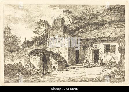 Gemälde von Nicolas Pérignon um 1770, das ein Haus mit zwei Männern am Eingang, Landschaft, architektonische Merkmale und kompositorische Details zeigt. Stockfoto
