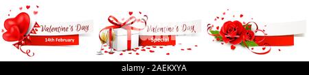 Valentinstag - Banner mit Konfetti Herzen baloon, Geschenk, Champagner und rote Rosen Blumenstrauß Stock Vektor