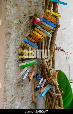 In der Nähe der bunten Wäscheklammern auf einem Weinstock, Alfama, Sao Miguel, Lissabon, Portugal Stockfoto