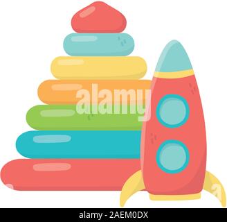 Kinder Spielzeug, Kunststoff Pyramide und Rakete Symbole auf dem weißen Hintergrund Vector Illustration Stock Vektor