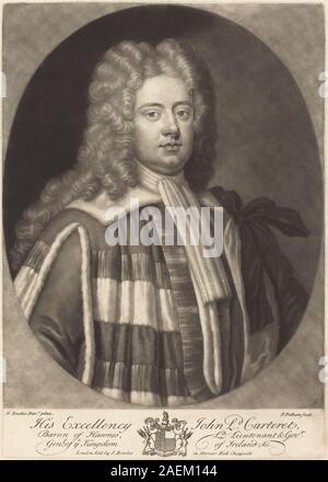 Dieses Porträt von Peter Pelham nach Sir Godfrey Kneller, um 1720, zeigt John, Lord Carteret. Das Werk zeigt eine halblange Figur, formelle Kleidung, Perücke, Gesichtszüge und britische Porträtkonventionen aus dem frühen 18. Jahrhundert. Stockfoto