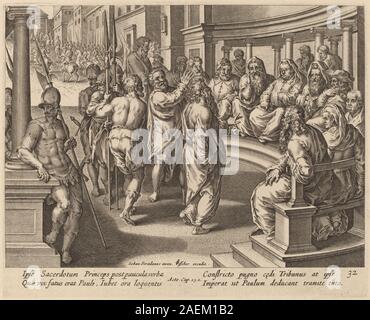 Philip Galle nach Jan van der Straet, Saint Paul, bevor der Hohe Priester des heiligen Paulus vor dem Hohen Priester Stockfoto