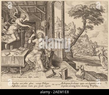 Stich von Philipp Galle nach Maerten van Heemskerck, der einen Engel darstellt, der den Heiligen Philipp anweist, den äthiopischen Eunuch zu begleiten, und religiöse Figuren, Gesten und Erzählungen in christlicher Ikonographie zeigt. Stockfoto