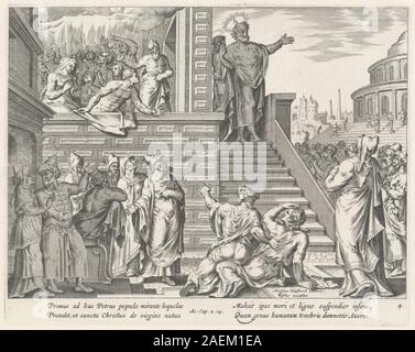 Gravur des heiligen Petrus, der sich an Menschen über Christus wendet, von Philipp Galle nach Maerten van Heemskerck geschaffen, mit einer biblischen Predigt mit Figuren und architektonischem Setting. Stockfoto