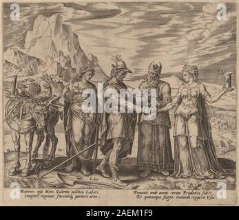 Kupferstich von Philip Galle nach Maerten van Heemskerck, 1572, mit Darstellung der Ehe von Arbeit und Fleiß, allegorische Figuren, Symbole und moralische Themen des Europa des 16. Jahrhunderts. Stockfoto