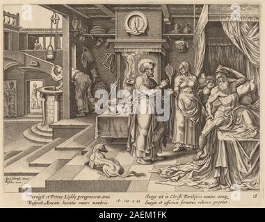 Stich mit dem heiligen Peter, der Eneas heilt, von Philipp Galle nach Maerten van Heemskerck geschaffen, der ein biblisches Wunder mit Figuren in historischer Kleidung und religiösem Setting illustriert. Stockfoto