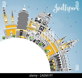 Jodhpur Indien Skyline der Stadt mit Gebäuden, blauer Himmel und Kopieren. Vector Illustration. Business Travel und Konzept mit historischer Architektur. Stock Vektor