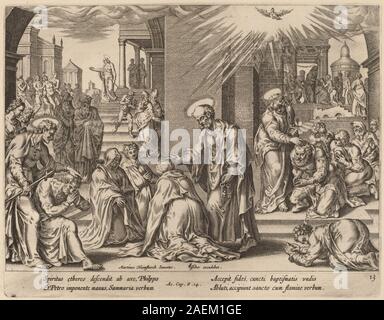 Ein Kupferstich von Philip Galle nach Maerten van Heemskerck, der das Volk Samarias, das das Wort Gottes empfängt, darstellt und religiöse Illustration des 16. Jahrhunderts und nordeuropäische Druckerei widerspiegelt. Stockfoto