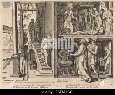 Stich von Philip Galle nach Maerten van Heemskerck, der die biblische Szene der Aufrichtung Tabithas darstellt, mit menschlichen Figuren, Gesten, Innenräumen und religiöser Ikonographie aus dem 16. Jahrhundert. Stockfoto