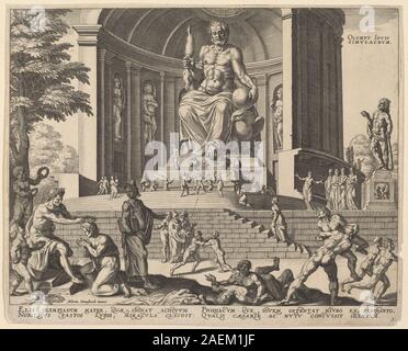 Stich von Philip Galle nach Maerten van Heemskerck, 1572, mit Darstellung der Jupiter-Statue in Olympia, mit klassischer Skulptur, Architektur und religiösem Symbolismus. Stockfoto