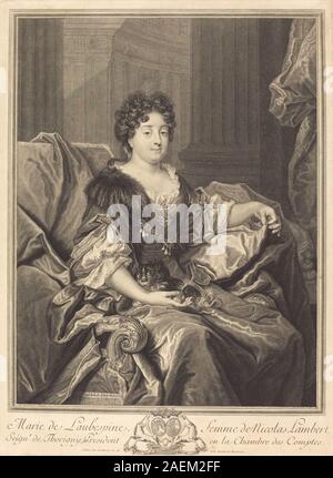 Marie de Laubespine, von Pierre Drevet nach Nicolas de Largillierre, stellt ein weibliches Porträt im französischen Stilstil des 17. Bis 18. Jahrhunderts dar und zeigt Kleidung, Frisur, Gesichtszüge und Komposition. Stockfoto