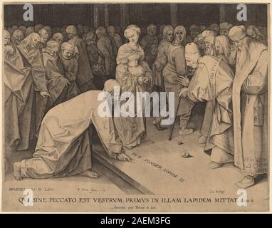 Kupferstich von Pieter Perret nach Pieter Bruegel dem Älteren von 1579, der Christus und die Ehebrecherin darstellt. Das Werk zeigt zwei zentrale Figuren, Drapierungen, Gesten und erzählerische Details, die religiöse Kunst des späten 16. Jahrhunderts veranschaulichen. Stockfoto
