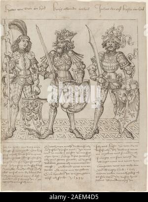 Illustration des Urmeisters der Straßburger Chronik, 1492, mit Darstellung von Hektor von Troja, Alexander dem Großen und Julius Cäsar mit Rüstung, Figuren und historischer Komposition. Stockfoto