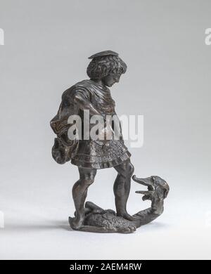 Gemälde wahrscheinlich aus Norditalien im 15. Jahrhundert, das den Heiligen Georg beim Ermorden des Drachen darstellt. Das Werk stellt den heiligen in Rüstung zu Pferd vor, der im Kampf mit dem Drachen steht, wobei er die mittelalterliche christliche Ikonographie, die heroische Figur und die Erzählkomposition betont. Stockfoto