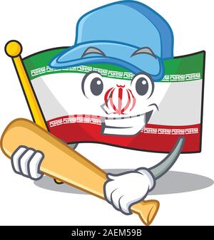 Fröhlich lächelnd Flagge Iran cartoon Maskottchen spielen Baseball Stock Vektor