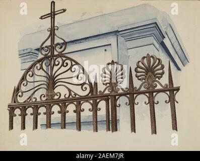 Guss- und Schmiedeeisen-Ornament von Ray Price, um 1936, mit dekorativen Metallarbeiten, Reliefdesign, symmetrischem Muster, Handwerkskunst und dekorative Details. Stockfoto