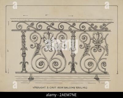 Gusseisen Balcony Rail von Ray Price, um 1936, zeigt ein schmiedeeisernes Geländer für einen Außenbalkon mit Struktur, Muster, dekorativen Motiven und Material. Das Werk veranschaulicht die architektonische Metallarbeit und das Design der amerikanischen Architektur des frühen 20. Jahrhunderts. Stockfoto