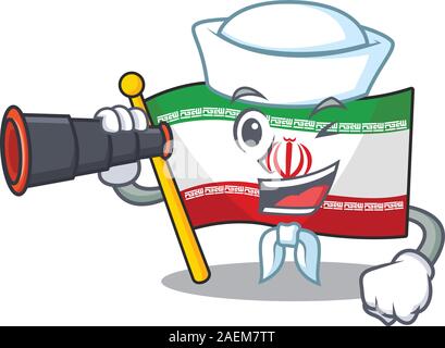 Smiling Happy Sailor mit Fernglas Flagge Iran cartoon Design Stock Vektor