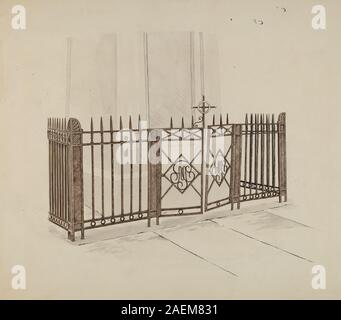 Iron Gate and Fence von Ray Price, um 1937, zeigt eine schmiedeeiserne Außenbarriere mit Torstruktur, Zaunplatten, dekorativen Motiven und Material. Das Werk veranschaulicht die architektonische Metallverarbeitung und Handwerkskunst des frühen 20. Jahrhunderts. Stockfoto