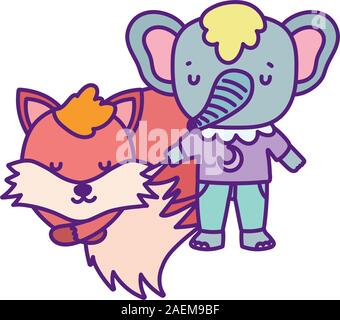 Baby-dusche niedlichen Elefanten mit Kleidung und Schlafsack fox Vector Illustration Stock Vektor