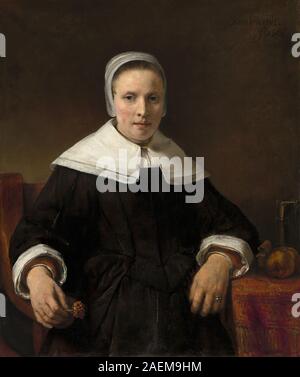 Diese Ätzung von Rembrandt van Rijn aus dem Jahr 1656 zeigt eine Frau mit einer rosa Blume und zeigt Figurenstudien, Blumendetails und barocke Ätztechnik. Stockfoto