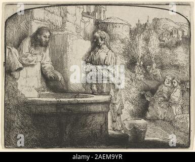 Diese Bogenätzung von Rembrandt van Rijn aus dem Jahr 1658 stellt Christus und die Frau von Samaria dar und zeigt Erzählungen, Figuren, architektonische Elemente und barocke Ätztechnik. Stockfoto