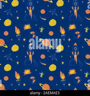 Hand kosmische nahtlose Muster gezeichnet. Gelb und Orange Objekte auf klassischen blauen Hintergrund. Vektor illustartion. Stock Vektor