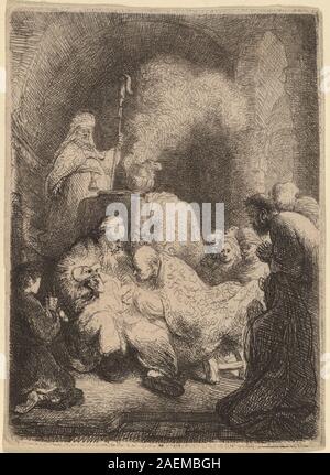 Diese kleine Plattenätzung von Rembrandt van Rijn aus dem Jahr 1630 zeigt die Beschneidung Christi und zeigt Figuren, architektonische Inszenierungen und detaillierte barocke Ätztechniken. Stockfoto