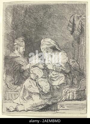 Ölgemälde von Rembrandt van Rijn um 1632, die die Heilige Familie darstellt. Die Komposition zeigt Maria, Josef und das Jesuskind in einem Innenraum, wobei familiäre Interaktion, Gesten und barocke Beleuchtung betont werden. Stockfoto