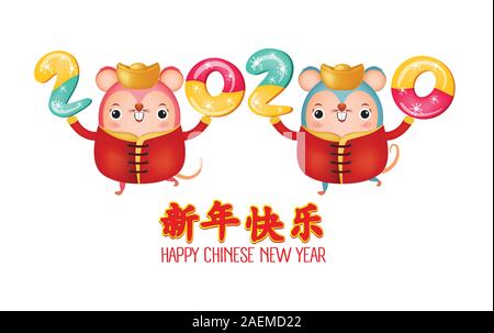 Happy Chinese New Year 2020. Das Jahr der Ratte. Vector Illustration isoliert auf einem weißen Hintergrund. TranslationTranslation Frohes Neues Jahr Stock Vektor