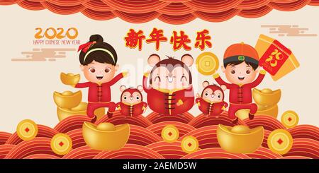 Frohes Neues Jahr 2020. Das chinesische Neujahr Kinder und Ratte. Das Jahr der Ratte. Übersetzung Chinesisch Neujahr Stock Vektor