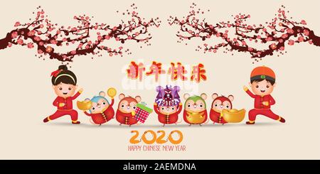 Happy Chinese New Year 2020, Jahr der Ratte, niedliche Ratte, fröhlicher Junge und Mädchen stehend, Cartoon Stil. Übersetzung Frohes Neues Jahr Stock Vektor