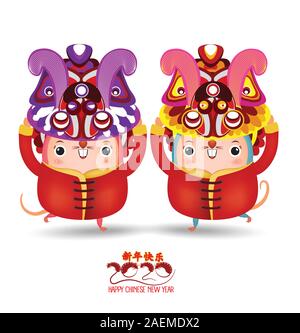 Frohes Neues Jahr 2020. Kleine Ratte mit chinesischen Lion dancing Kopf. Das Jahr der Ratte. Übersetzung ein Frohes Neues Jahr. Ratte Cartoon Vektor-illustration Isola Stock Vektor