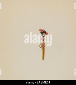 Dieses um 1938 entstandene Objekt von Robert Clark ist ein Uhrenschlüssel, ein kleines Metallwerkzeug für Taschenuhren mit zylindrischem Schaft, quadratischem oder rechteckigem Schlüsselkopf und schlichtem funktionalem Design. Stockfoto