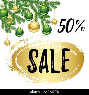 Weihnachtszeit Verkauf 50% Rabatt Angebot Banner mit Golden Green Ornamente und Fir Tree Branch Stock Vektor