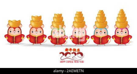 2020 Chinese New Year - Jahr der Ratte. Satz von cute cartoon Ratte in verschiedenen Stellen auf weißem Hintergrund. Übersetzung Frohes Neues Jahr Stock Vektor