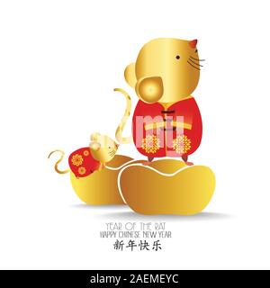 Kleine Ratte mit chinesischen gold Ingot. Sternzeichen Mäuse tierischen Lucks 2020 der Ratte. Das chinesische Neujahr. Cartoon Vektor-illustration isoliert Stock Vektor