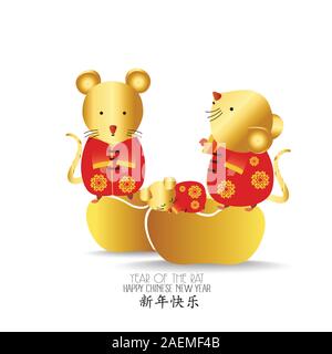 Kleine Ratte mit chinesischen gold Ingot. Sternzeichen Mäuse tierischen Lucks 2020 der Ratte. Das chinesische Neujahr. Cartoon Vektor-illustration isoliert Stock Vektor
