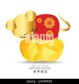 Kleine Ratte mit chinesischen gold Ingot. Sternzeichen Mäuse tierischen Lucks 2020 der Ratte. Das chinesische Neujahr. Cartoon Vektor-illustration isoliert Stock Vektor