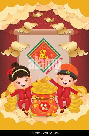 2020 Chinese New Year - Jahr der Ratte. Chinesischer Junge und Mädchen glücklich lächeln kreative Poster. Übersetzung Maus und ein glückliches neues Jahr Stock Vektor