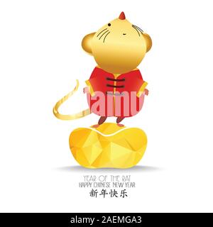 Kleine Ratte mit chinesischen gold Ingot. Sternzeichen Mäuse tierischen Lucks 2020 der Ratte. Das chinesische Neujahr. Cartoon Vektor-illustration isoliert Stock Vektor